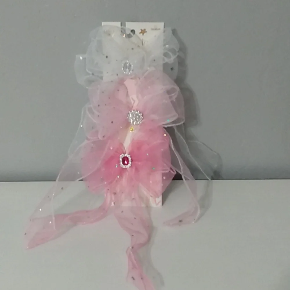 3 Pc.‎ Pink and White Sheer Hair Bow Clips With Rhinestones